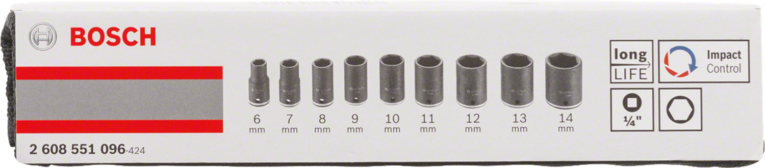 Снимка на  Комплект вложки за глух ключ, 9 части,1/4";25 mm; 6, 7, 8, 9, 10, 11, 12, 13, 14 mm;2608551096