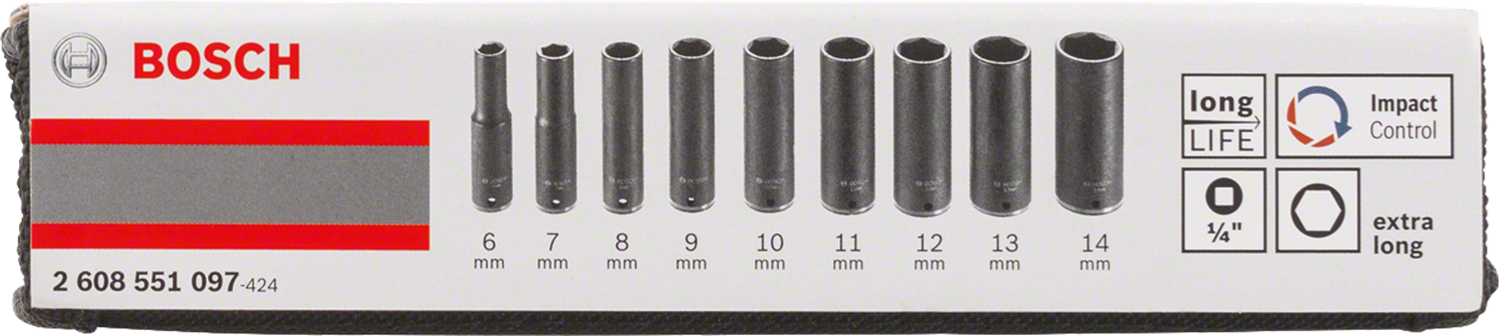 Снимка на Комплект вложки за глух ключ, 9 части;1/4";50 mm; 6, 7, 8, 9, 10, 11, 12, 13, 14 mm;2608551097