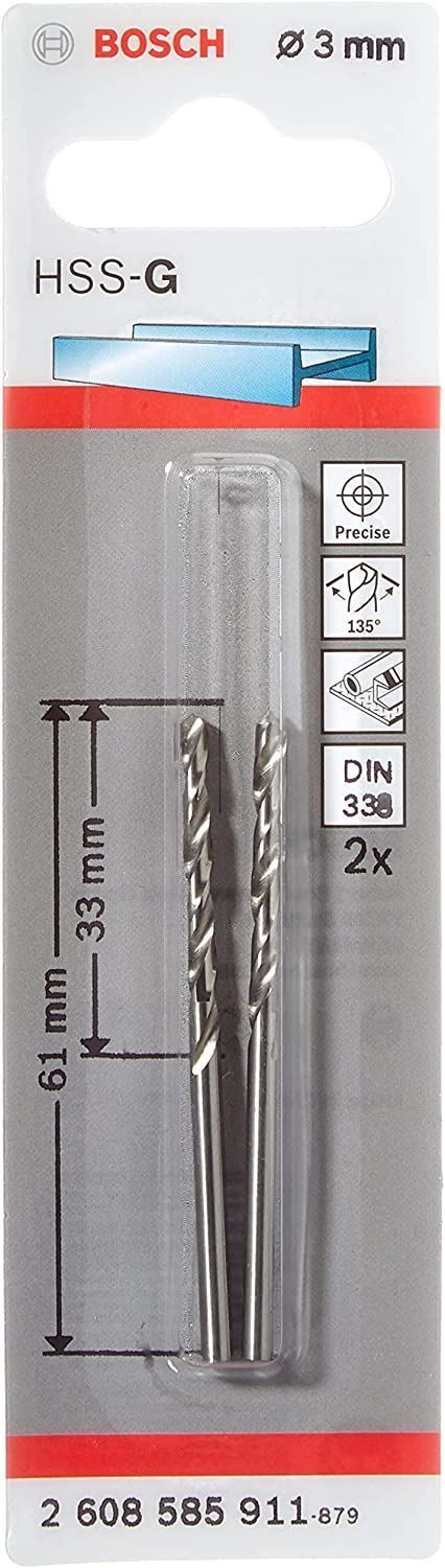 Снимка на Свредло за метал HSS-G DIN 338, 2 бр.,3x33x61 mm,2608585911,Bosch