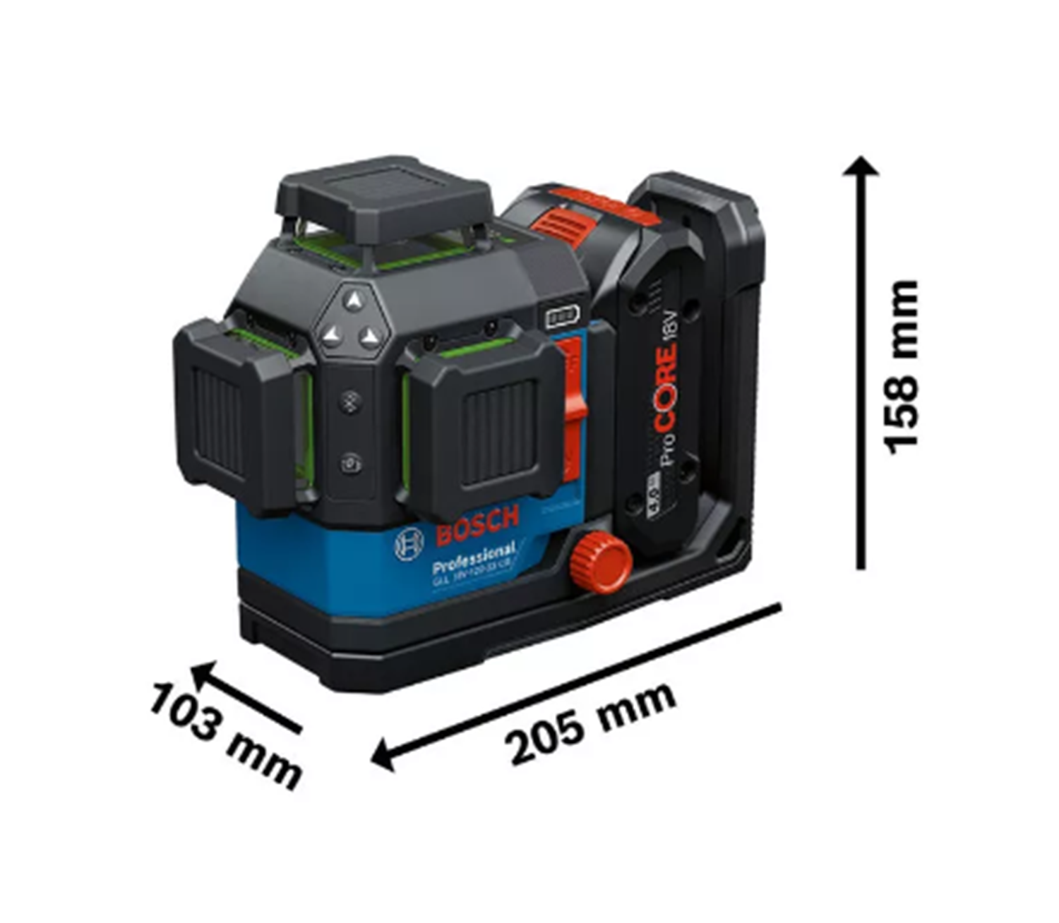 Снимка на Линеен лазер BOSCH GLL 18V-120-33CG, батерия PC 18V/4Ah, държач DK20, L-Boxx, 0601065100