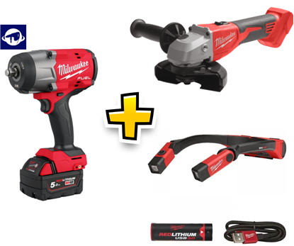 Снимка на Ударен гайковерт MILWAUKEE M18 FUEL™ ½″ M18FHIW2F12-502X, 2 Батерии X 5Ah, 18V, Зарядно + Куфар, 4933492783 + Акумулаторен ъглошлайф M18BLSAG125X-0 + Акумулаторна USB лампа L4NL400-301 400 лумена