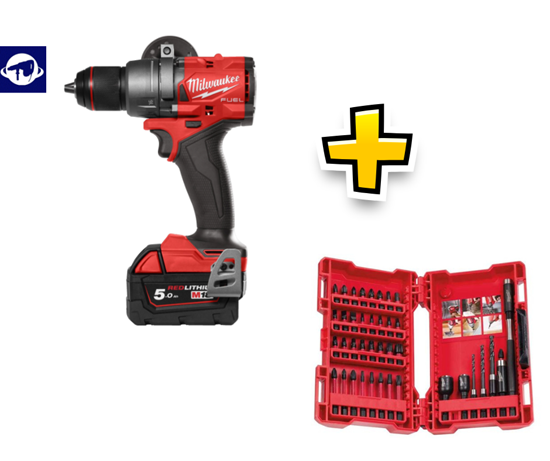 Снимка на Акумулаторна ударна бормашина MILWAUKEE M18FPD3-502X, 2 Батерии X 5Ah, 18V, Зарядно + Куфар, 4933479860  + Комплект накрайници-вложки Milwaukee 