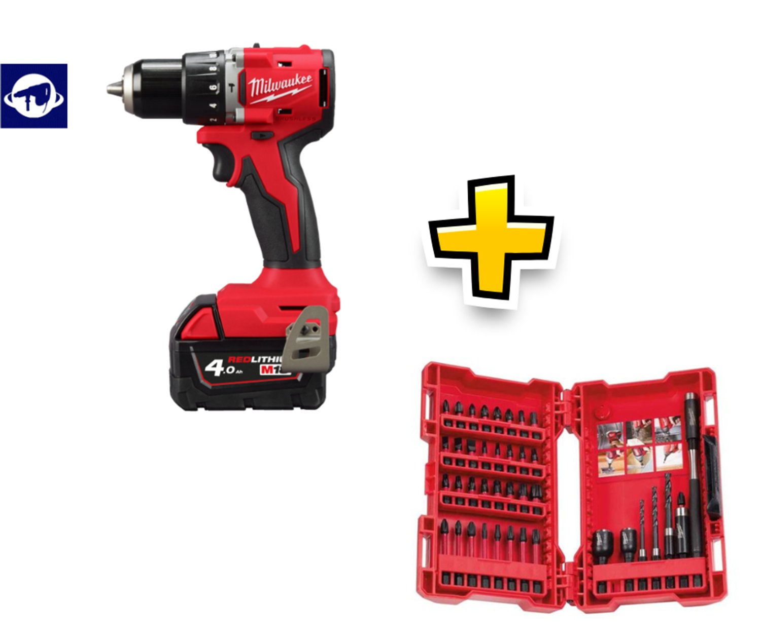 Снимка на Компактна безчеткова ударна бормашина MILWAUKEE M18BLPDRC-422C, 1 Батерия X 4Ah, 1 Батерия X 2Ah, Зарядно, Куфар, 4933492825 + Комплект накрайници-вложки Milwaukee 