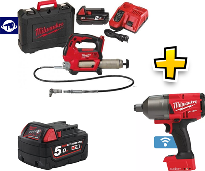 Снимка на Акумулаторен гайковерт Milwaukee M18ONEFHIWF34-0X, 4933459729 + Акумулаторна гресьорка Milwaukee M18GG-201C, 4933440490 + Акумулаторна батерия Milwaukee M18B5, 4932430483 