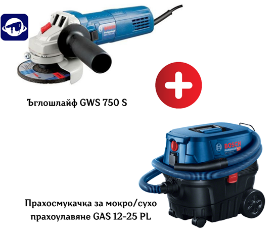 Снимка на Сет BOSCH Прахосмукачка за мокро/сухо прахоулавяне GAS 12-25 PL + Ъглошлайф GWS 750 S